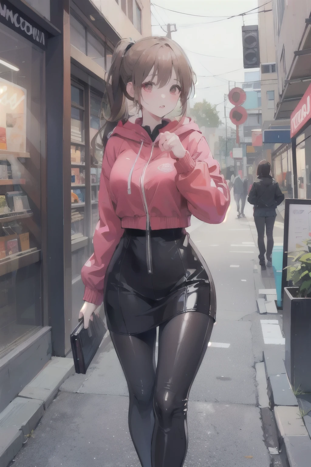 a scared and embarrassed redheaded woman, hair in a ponytail, her bright eyes super detailed, full lips painted red, chiseled physique and wide hips. She wears a closed black leather jumpsuit, whose shiny surface accentuates her shape. A windbreaker with a hood and a neon pink interior covers your shoulders and a pleased skirt. Walking down a busy street, she attracts glances from onlookers. This image exudes realism, capturing the essence of a fragile and embarrassed figure. Digital art, high definition and photorealistic technique