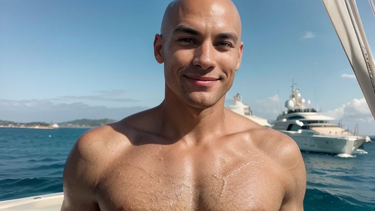 A handsome man with a fair smooth complexion and a striking bald head, lightly freckled face, hazel eyes, stands confidently at the helm of a luxury yacht. His well-defined jawline catches the sunlight, and he sports a warm inviting smile as he navigates the cerulean waters of the Mediterranean.