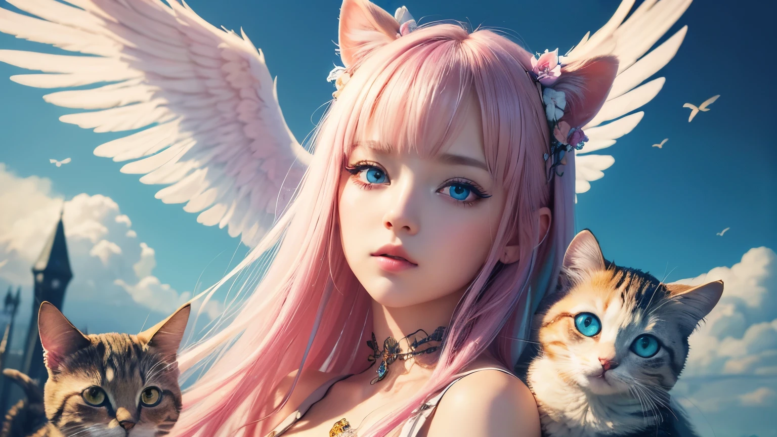 ( Absurd, high quality, Very detailed, masterpiece, Concept Art, Smooth, Very detailedアートワーク, Hyperrealistic painting )Beautiful Eyes(Fine-grained),1 cute girl, Surrounded by cute little cats with wings, Pink Roses, yellow, blue, rainbow, dream-like, cloud, vivid, Fantasy