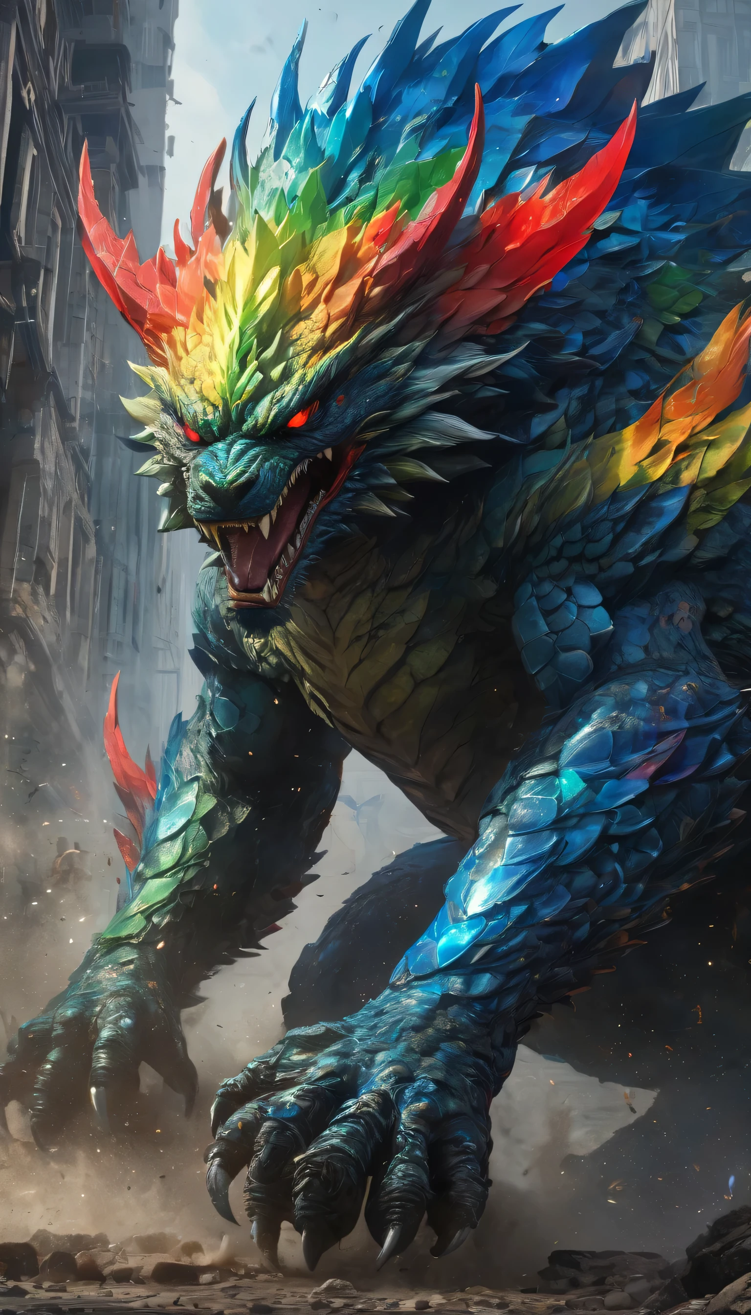 A sleek and elegant being, Its form is composed of shimmering chrome and luminescent blue red green yellow scales, iridiscent scale, bright colors, blue red green yellow color, majestic, beautiful, boss monster, massive size, fierce expression, looking down, scary look, mean look, fierce, wide body, blue red green yellow body, wide shot, long shot, kaiju, massive monster, detailed background, ruins, dungeon, epic battle, hero vs monster, bright colored tail, uncropped monster, dust, wind, dark, dim light, volumetric lighting, Hyperrealism, breathtaking, ultra realistic, ultra detailed, cinematic lighting, highly detailed, breathtaking, photography, stunning environment, wide-angle