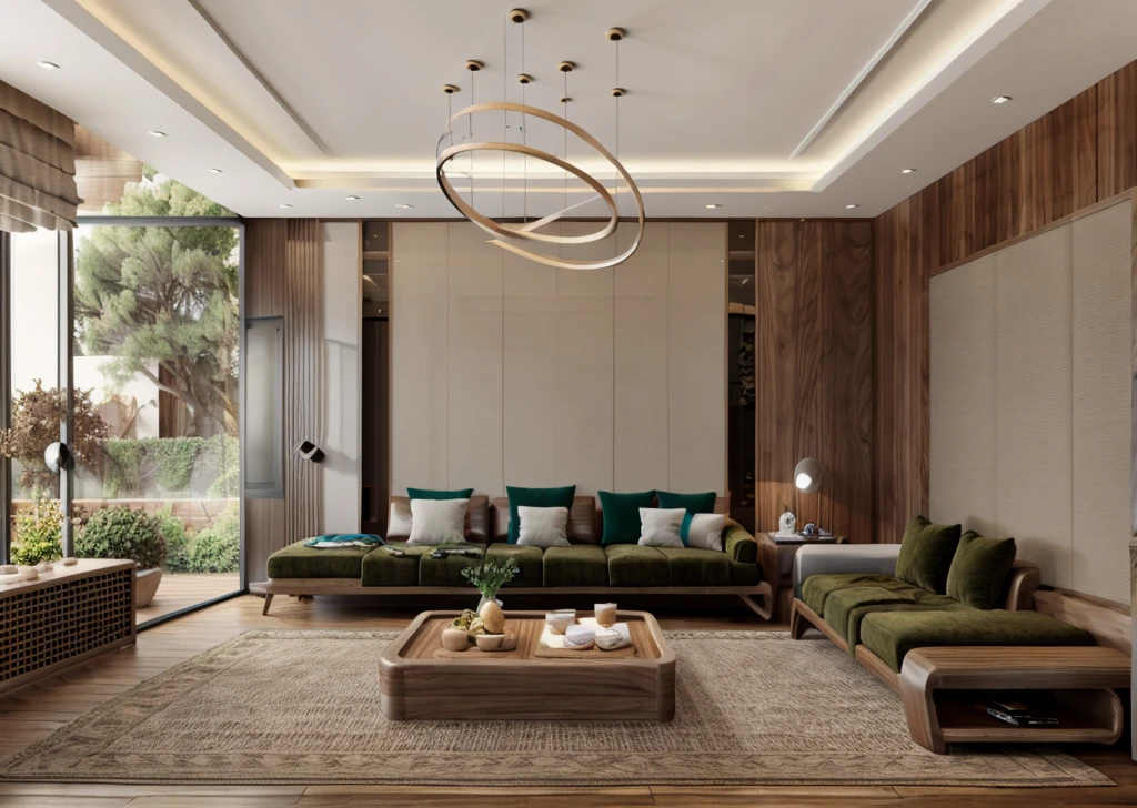 walnut_furniture (11), Real photo of living room, gorgeous design, modern style, sculpture, night lights, shadows, brilliant lights, artistic lighting. Studio photos, intricate details, luxurious and spacious, beautiful, realistic, High resolution, detailed, sharp, 8k uhd quality