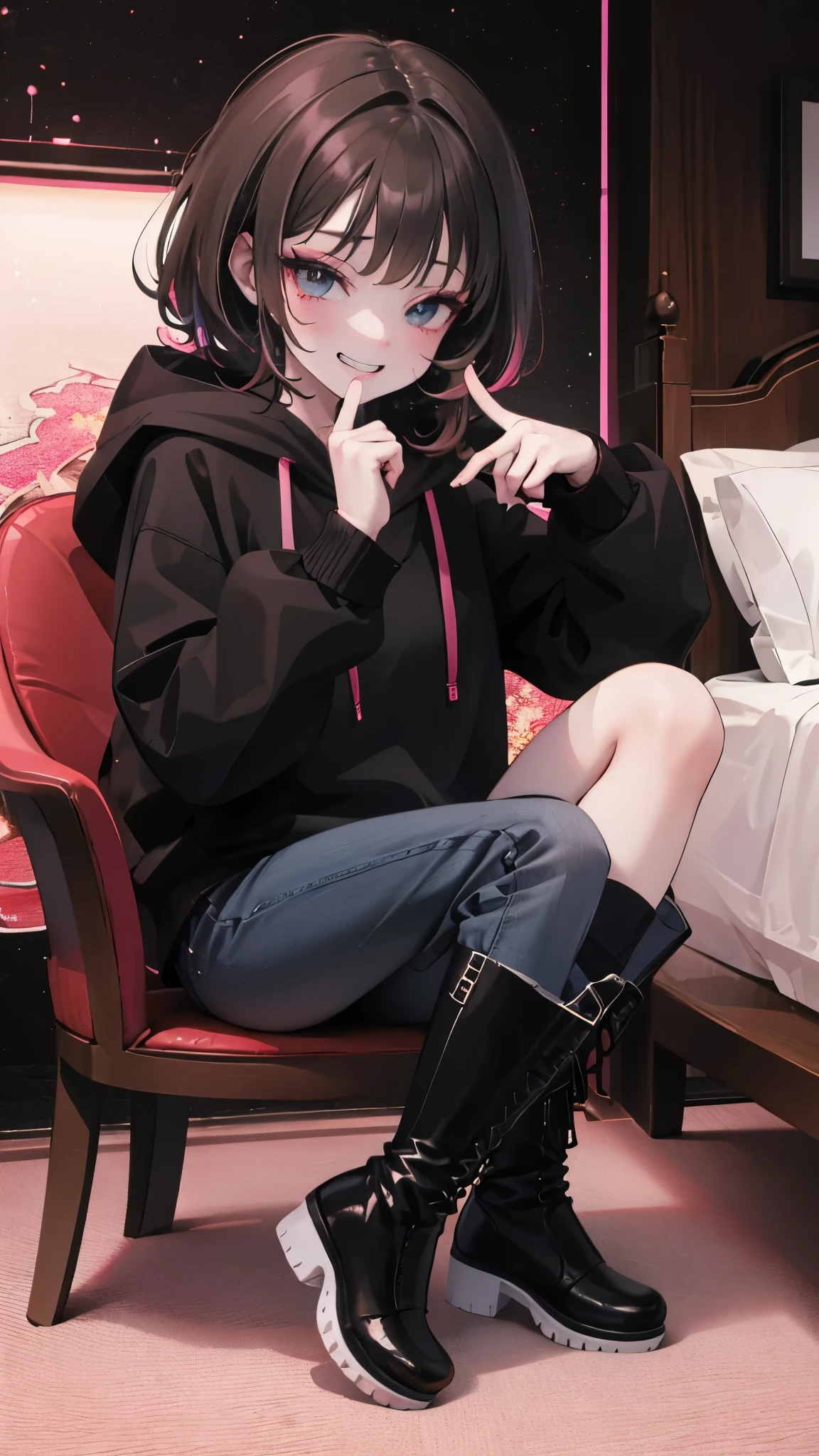 ultra-detailed , best quality, high resolution, master piece ,beautiful eyes, cute、evil grin、lovehotel、(pink room),Sitting、
black and White hoodie、Red and black hoodie、White hoodie、((black platform boots))、perfect finger、(boots focus),
Brown Hair、Black Hair、Black Hairロング、black eye,