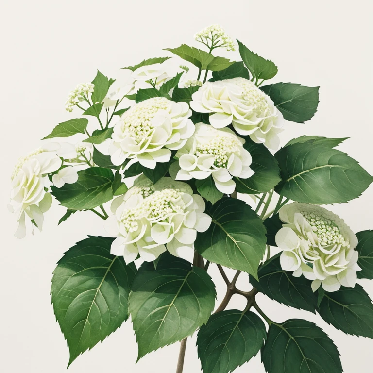 illustration,drawing,botanical,flower,white hydrangea,minimalistic,watercolor style,delicate lines,botanical study,naturalistic depiction,vibrant colors,ethereal beauty