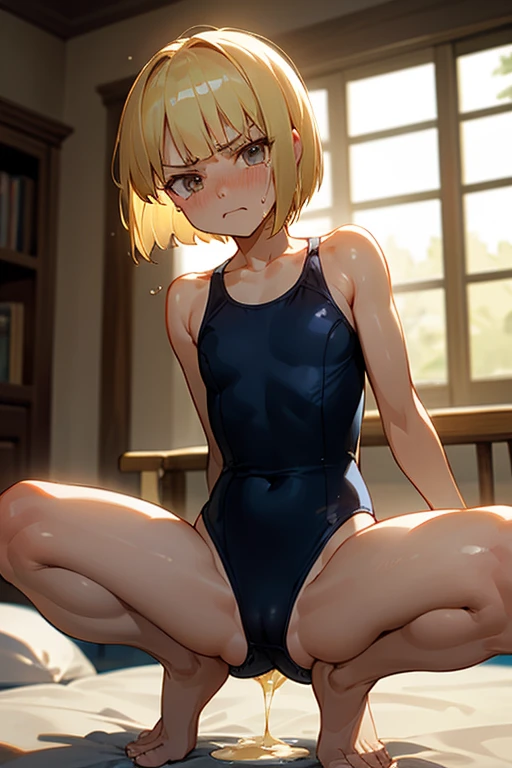 15-year-old Russian, 、Blonde short bob, short hair, small size of breasts, Flat Chest、Muscle Body、Muscular body、squatting position, Spread your legs, Spread your legs, Only one girl, On the bed、One piece swimsuit、Navy blue school swimsuit、Front of body、looking at the camera、Glaring、Shame、Angry crying、Are crying、Flowing Tears、barefoot、Camel Toe、Pee、Yellow water from the genitals