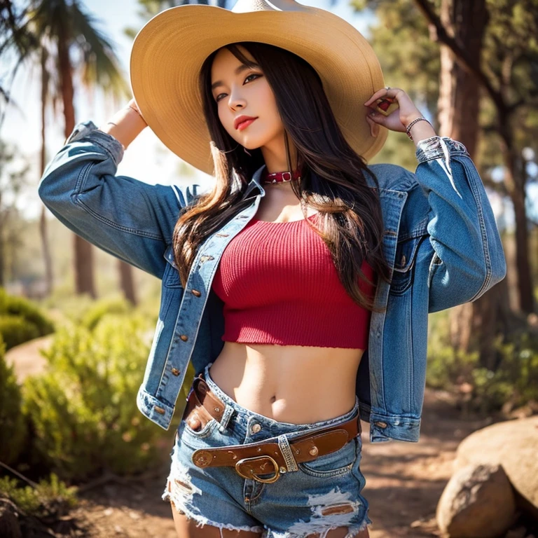 "25 year old young woman, His long hair flowed up.,) Brightly colored leather jacket, dropped waist, shiny, strong stomach.,) ,sexy denim shorts,) Album cover art by Yang J, Social trend CG, Beautiful cowboy, cowgirl, western cowgirl, forest, There are red flowers around.,Pearl hut from a dilapidated old place,)) Dressed up as a western sheriff.., female cowgirl, Korean girl" (best quality, 10, height:1.2), 8K Special Details, (realistic:1.37), Portrait, Full body, Posing from different angles,, bright colors, Warm light, shot with a high quality camera 45,000,000,000,Pixels,