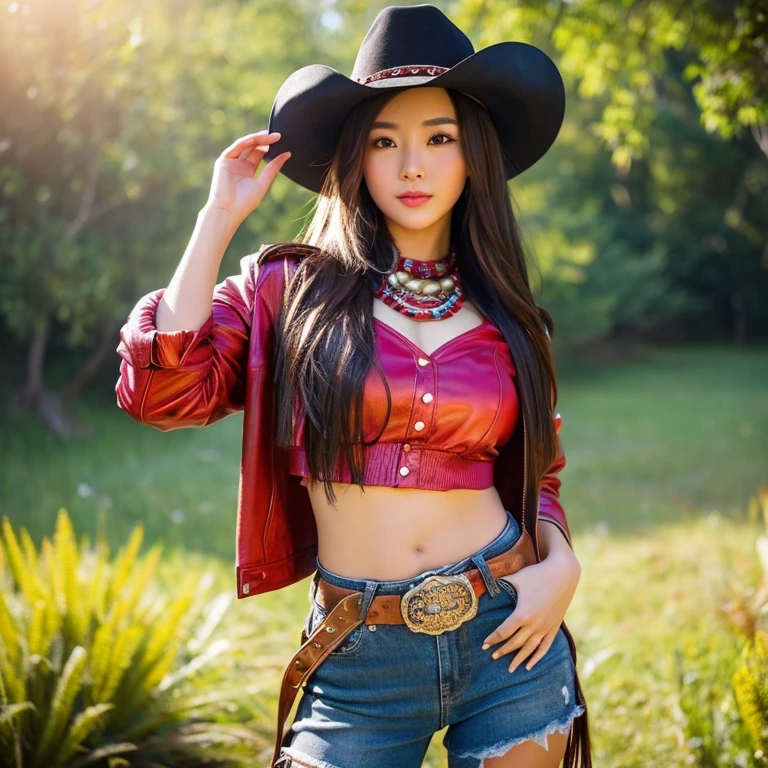 "25 year old young woman, His long hair flowed up.,) Brightly colored leather jacket, dropped waist, shiny, strong stomach.,) ,sexy denim shorts,) Album cover art by Yang J, Social trend CG, Beautiful cowboy, cowgirl, western cowgirl, forest, There are red flowers around.,Pearl hut from a dilapidated old place,)) Dressed up as a western sheriff.., female cowgirl, Korean girl" (best quality, 10, height:1.2), 8K Special Details, (realistic:1.37), Portrait, Full body, Posing from different angles,, bright colors, Warm light, shot with a high quality camera 45,000,000,000,Pixels,