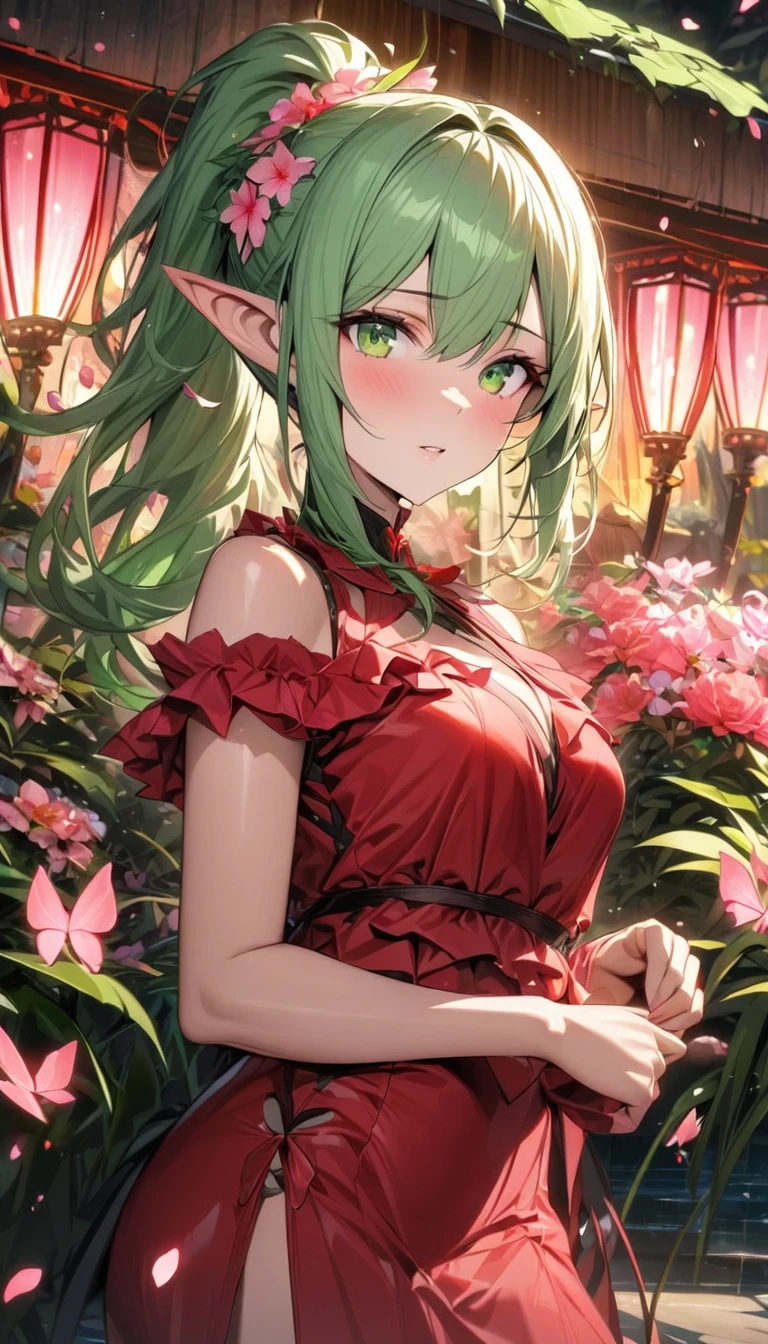 (absurdres, highres, ultra detailed, HDR) master piece, best quality, perfect face, Tiki, light-green hair tied in a ponytail, pointy ears, expressive green eyes, Fire Emblem Awakening, solo, girl, extremely beautiful, pretty, red dress, glass pink flowers, glass pink petals, glass pink butterflies, glass garden, glass blossoms, everything made with glass