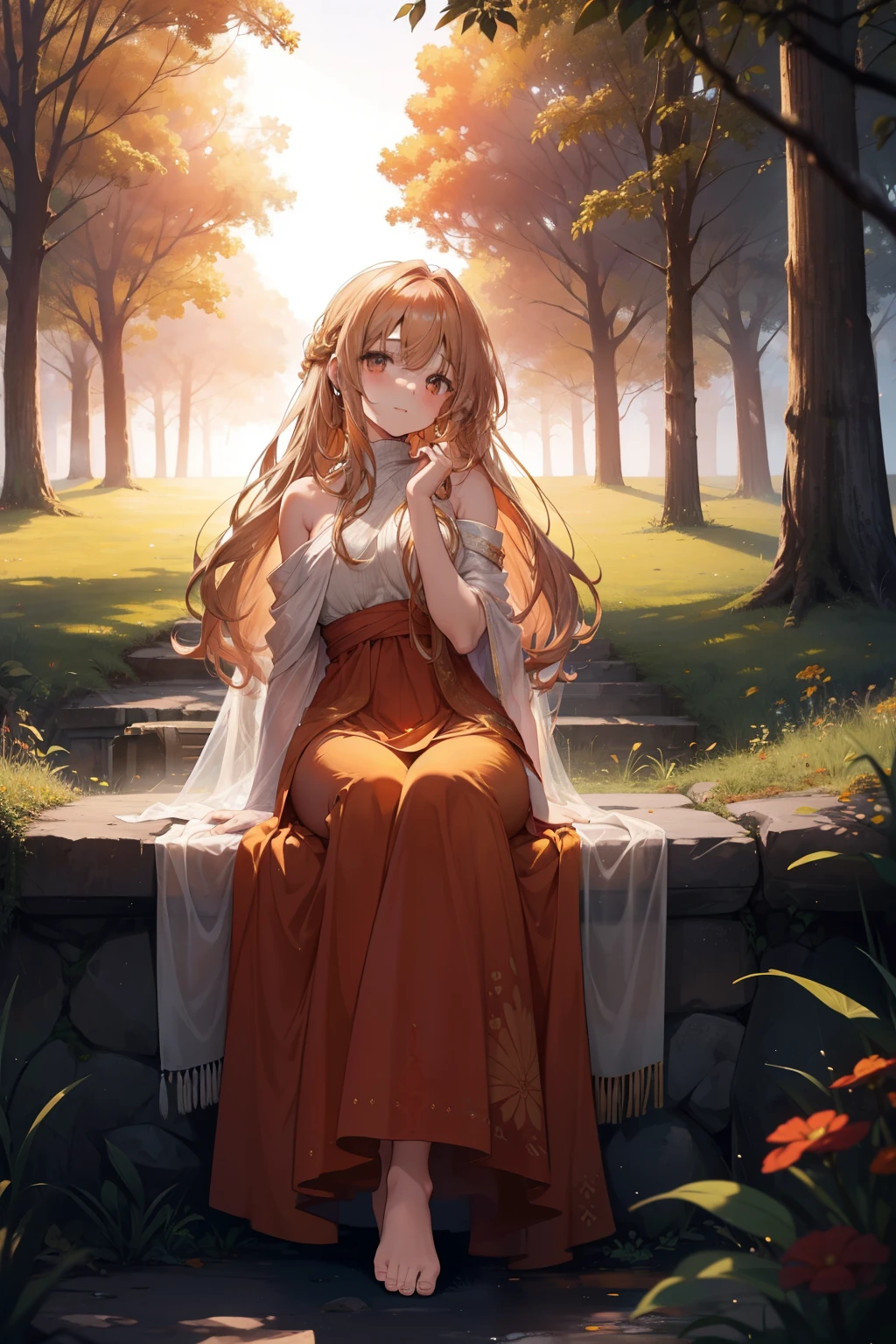 The inevitable end of everything but me, a solitary figure in the melancholic scene, sits with her back against an ancient, gnarled tree, her long, wavy chestnut hair cascading over her shoulders. Her deep, soulful eyes reflect the sadness of the impending apocalypse, while her lips, curved softly in a wistful smile, betray a sense of acceptance. The sun setting in the background casts a warm, golden hue over her, illuminating her dress made of delicate, translucent fabrics in shades of red and orange. The gentle breeze causes her long skirt to billow around her, and the grass beneath her bare feet is illuminated by