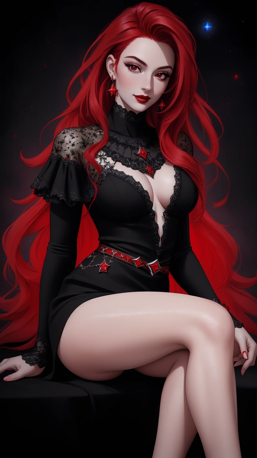 (Masterpiece - Ultra-Detailed, High Resolution) ((vivid red hair)), mature woman, 30 years old, diamond face, red starry sky background, depth of field, magic, big red lips, ((dark and red black eyes)) black and red long and full dress, covered chest, mystical atmosphere, ominous shadows, Intense blue aura, Intense red aura (best quality:1.2), absurdres, intricate details, (highly detailed skin:1.2), smile expression, posing, taut and well defined body, attractive. Highly realistic, pale skin, beautiful, hyperrealism, skin very elaborated, direct gaze, sitting on the ground, eating apple