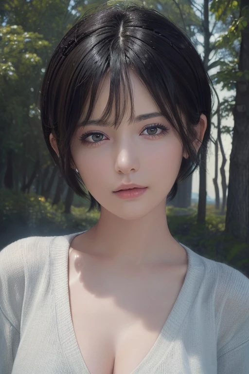 (masterpiece:1.3), (8k, Realistic, RAW Photos, highest quality: 1.4), (One girl), Beautiful Face, (Realistic Face), (Black Hair, short hair:1.3), Beautiful hairstyle, Realistic eyes, Beautiful fine details, (Realistic Skin), Beautiful Skin, (sweater), Absurd, Charm, Ultra-high resolution, Ultra-realistic, Very detailed, Golden Ratio