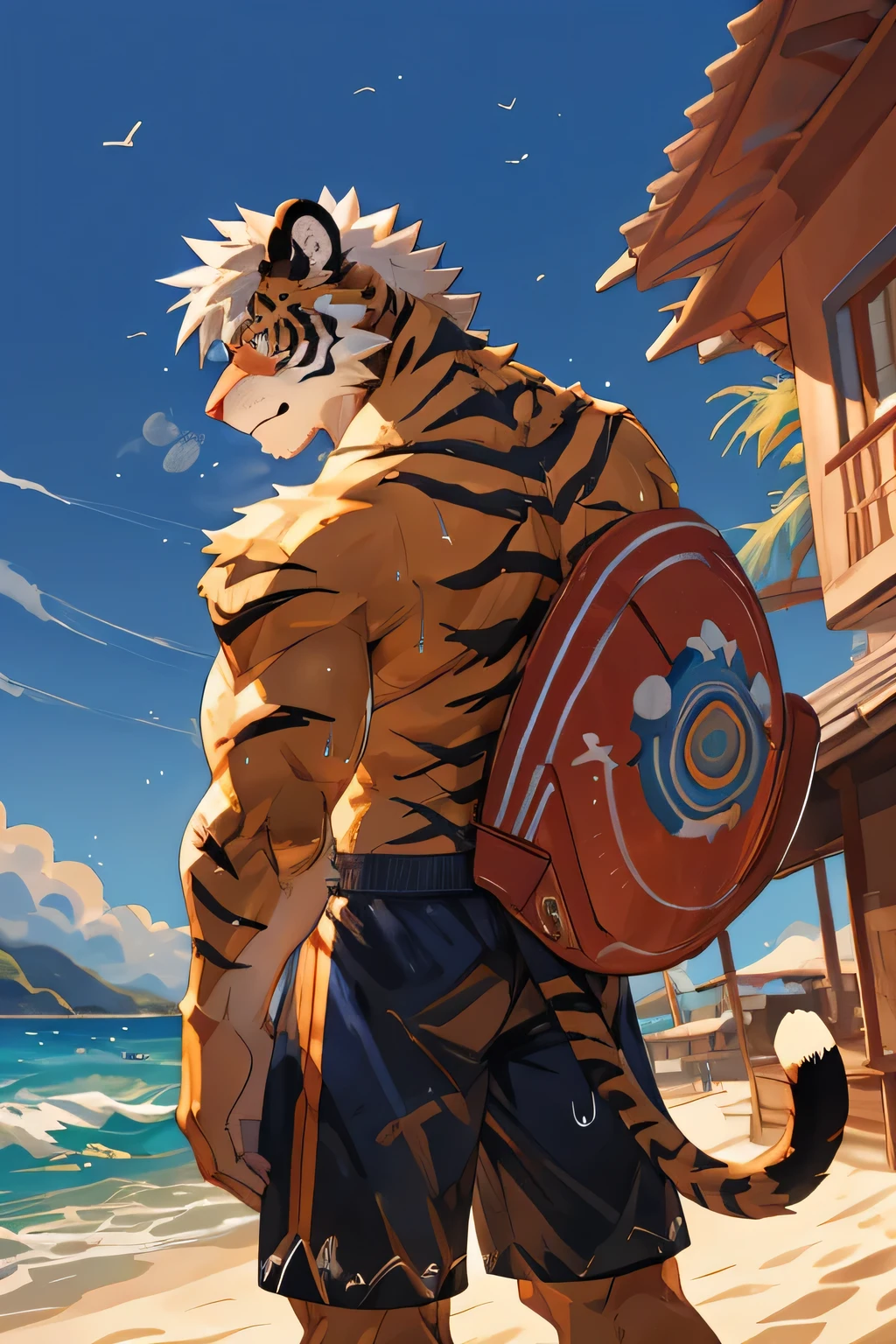 watercolor，Ukiyo-e Art，daytime，sunshine，etching，Natural Lighting，Kyoto Animation，(((Beach)))，male，juvenile，(((furry)))，tiger，Black eyes，Strong body，Close-up of face，(((Full body portrait)))，High purity shades，High Detail，high quality，(((Naked)))，(((Black swimming trunks)))，(((nude)))，Bright，Octane Rendering，((There is only one person))，Blur，midsummer，White hair，(((blush)))，(((Stimulate)))，comfortable，pleasure，(((respite)))，(((Large male features)))，Tempting，(((Sweating)))，((((seaside))))，((((No clothes))))