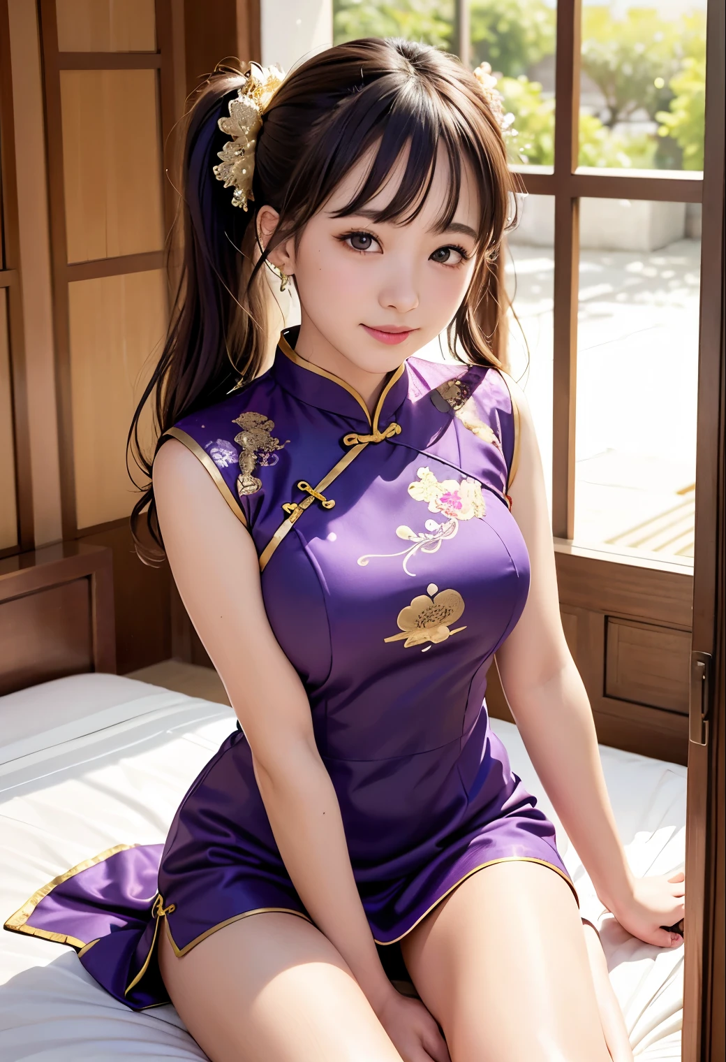 (highest quality,masterpiece:1.3,Ultra-high resolution),(Very detailed、Caustics) (Realistic:1.4, RAW shooting、)Ultra-Realistic Capture、Very detailed、Natural skin texture、masterpiece、(Purple sequined cheongsam with gold floral embroidery:1.3)、cheongsam without sleeves、She spreads her legs and straddles the man sleeping in bed、1 Japanese girl、Adorable expression、Expression of happiness、14 years old、Young Face、Amazingly cute、Twin tails、Curly Hair、Black Hair、Scrunchie、light makeup、Big breasts that look like they might burst、Bare arms、Shining thighs、Filmed in a Chinese indoor sex shop、smile、An inviting gaze、Cowboy Shot、Anatomically correct、Attention to detail、