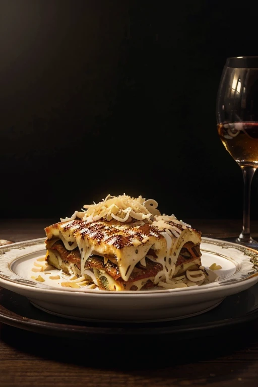 (masterpiece:1.2), (best quality), (ultra detailed), (8k, 4k, intricate),(highly detailed:1.2), (detailed background),detailed landscape, ((portrait)),  foodstyle,simple background, food, black background, plate, realistic, lasagna, pasta, food focus, parmesan cheese, still life, wine.