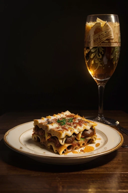 (masterpiece:1.2), (best quality), (ultra detailed), (8k, 4k, intricate),(highly detailed:1.2), (detailed background),detailed landscape, ((portrait)), foodstyle,simple background, food, black background, plate, realistic, lasagna, pasta, food focus, parmesan cheese, still life, wine.