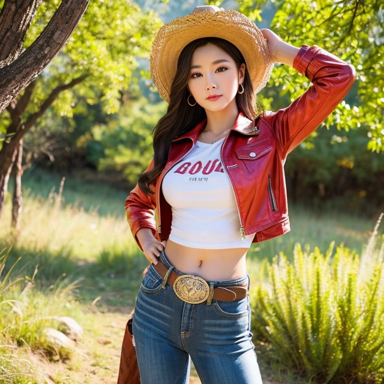 "25 year old young woman, His long hair flowed up.,) Brightly colored leather jacket, dropped waist, shiny, strong stomach.,) ,sexy denim shorts,) Album cover art by Yang J, Social trend CG, Beautiful cowboy, cowgirl, western cowgirl, forest, There are red flowers around.,Pearl hut from a dilapidated old place,)) Dressed up as a western sheriff.., female cowgirl, Korean girl" (best quality, 10, height:1.2), 8K Special Details, (realistic:1.37), Portrait, Full body, Posing from different angles,, bright colors, Warm light, shot with a high quality camera 45,000,000,000,Pixels,