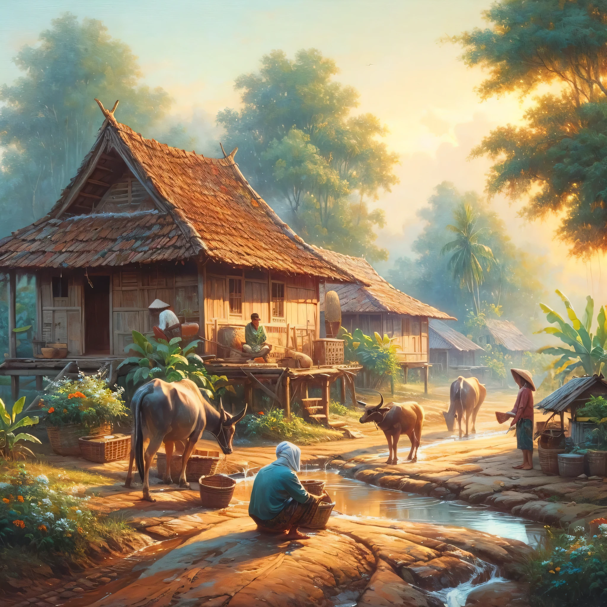 Oil on canvas, painting of a scene, rural home in Indonesian Village