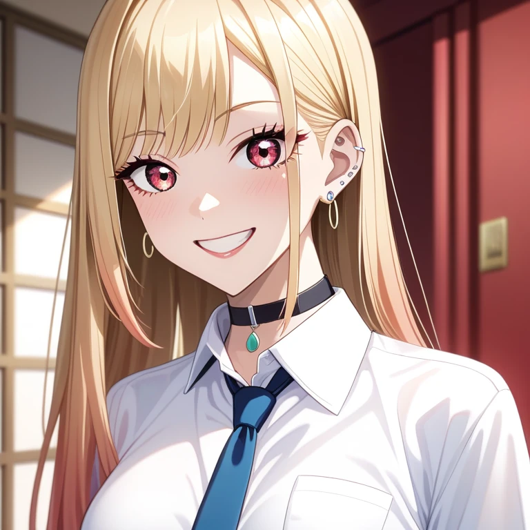 score_9, score_8_superior, score_7_superior, Intricate details,
One girl, kitagawa marin, sono bisque doll wa koi wo suru, Blonde, Red eyes, ear piercing, Barbell Piercing, Black Choker, Collared shirt, White shirt, Earrings, Blue tie, Grin, in,