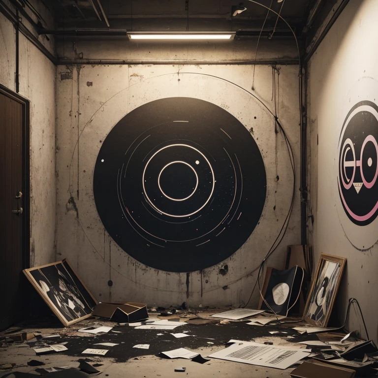 Dark place that radiates hope (crashed Posters of circles hanging on the Walls)