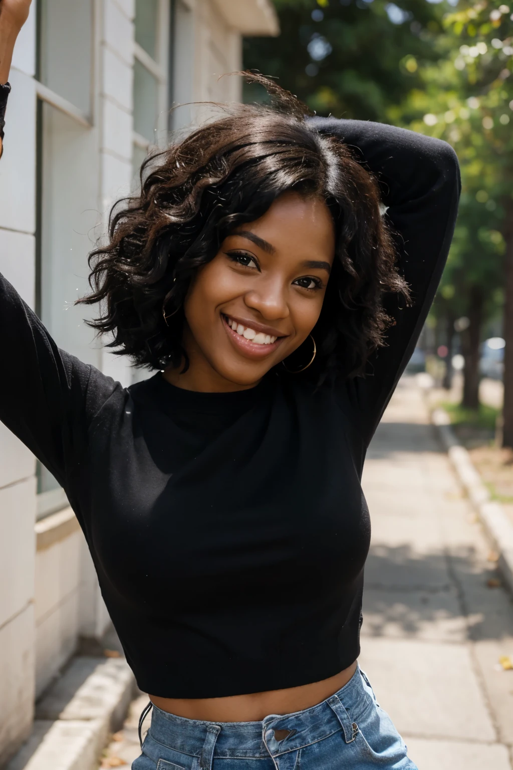 black woman smiling with black power hair