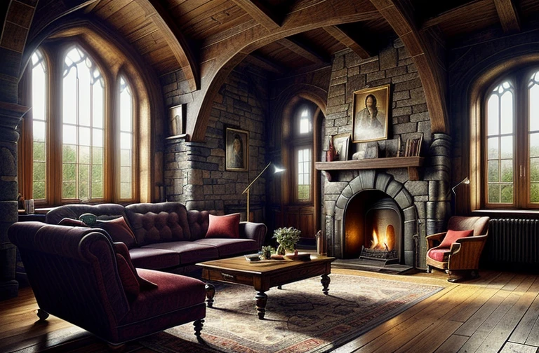View of a medieval living room with a rock fireplace, dark wooden furniture, gothic medieval interior, high detailed glass, large red carpet, windows, huge mansion room, medieval interior gothic ambient, fancy rustic detailed sofas and table, gloomy background, architectural shot, hogwarts gryffindor cosy atmoshpere, ((masterpiece:1.2))