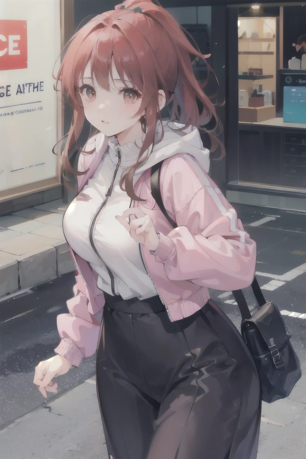 a scared and embarrassed redheaded woman, hair in a ponytail, her bright eyes super detailed, full lips painted red, chiseled physique and wide hips. She wears a closed black leather jumpsuit, whose shiny surface accentuates her shape. A windbreaker with a hood and a neon pink interior covers your shoulders and a pleased skirt. Walking down a busy street, she attracts glances from onlookers. This image exudes realism, capturing the essence of a fragile and embarrassed figure. Digital art, high definition and photorealistic technique