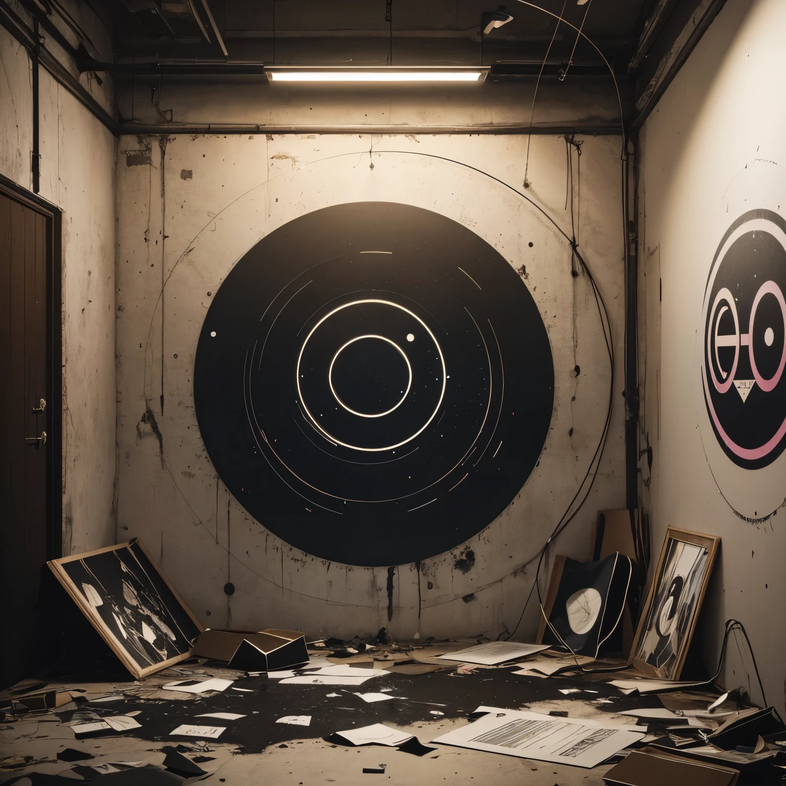 Dark place that radiates hope (crashed Posters of circles hanging on the Walls)
