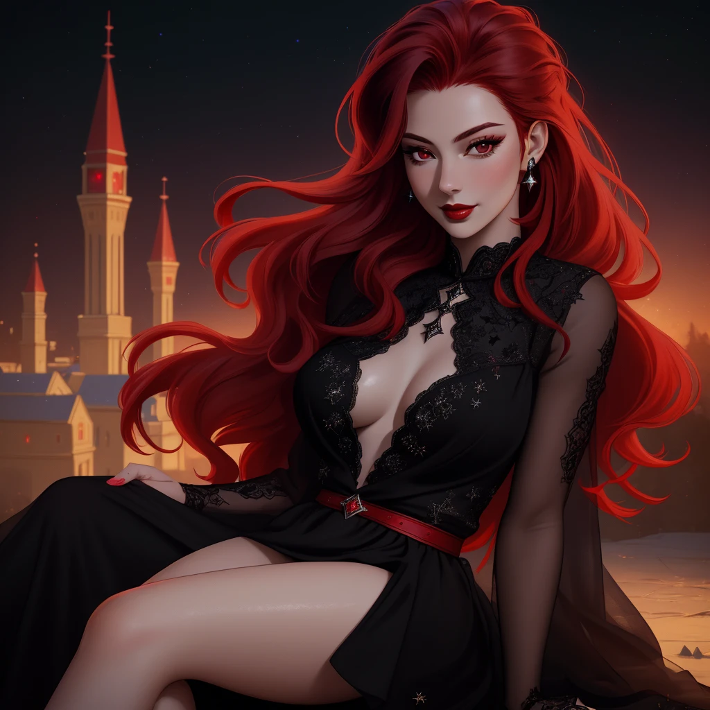 (Masterpiece - Ultra-Detailed, High Resolution)  ((vivid red hair)), mature woman, 30 years old, diamond face, red starry sky background, depth of field, magic, big red lips, ((dark and red black eyes)) black and red long and full dress, covered chest, mystical atmosphere, ominous shadows, Intense blue aura, Intense red aura (best quality:1.2), absurdres, intricate details, (highly detailed skin:1.2), smile expression, posing, taut and well defined body, attractive. Highly realistic, pale skin, beautiful, hyperrealism, skin very elaborated, direct gaze, sitting on the ground, eating apple