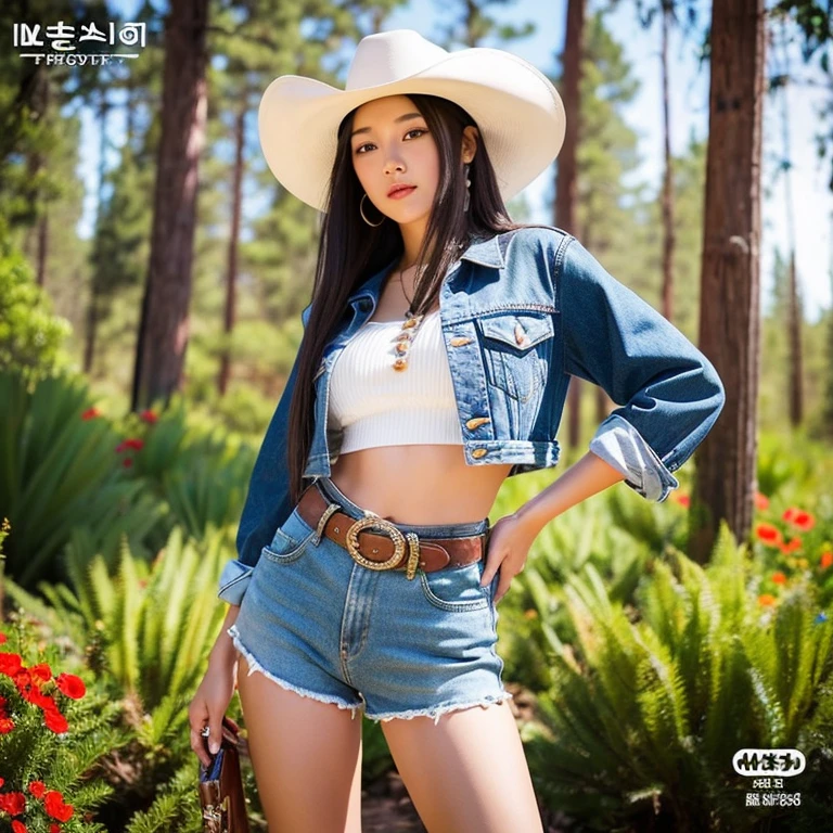 "25 year old young woman, His long hair flowed up.,) Brightly colored leather jacket, dropped waist, shiny, strong stomach.,) ,sexy denim shorts,)  Album cover art by Yang J, Social trend CG, Beautiful cowboy, cowgirl, western cowgirl, forest, There are red flowers around.,Pearl hut from a dilapidated old place,)) Dressed up as a western sheriff.., female cowgirl, Korean girl" (best quality, 10, height:1.2), 8K Special Details, (realistic:1.37), Portrait, Full body, Posing from different angles,, bright colors, Warm light, shot with a high quality camera 45,000,000,000,Pixels,
