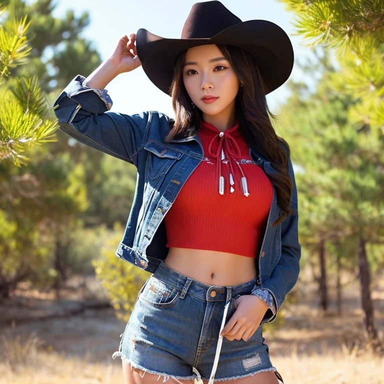"25 year old young woman, His long hair flowed up.,) Brightly colored leather jacket, dropped waist, shiny, strong stomach.,) ,sexy denim shorts,) Album cover art by Yang J, Social trend CG, Beautiful cowboy, cowgirl, western cowgirl, forest, There are red flowers around.,Pearl hut from a dilapidated old place,)) Dressed up as a western sheriff.., female cowgirl, Korean girl" (best quality, 10, height:1.2), 8K Special Details, (realistic:1.37), Portrait, Full body, Posing from different angles,, bright colors, Warm light, shot with a high quality camera 45,000,000,000,Pixels,