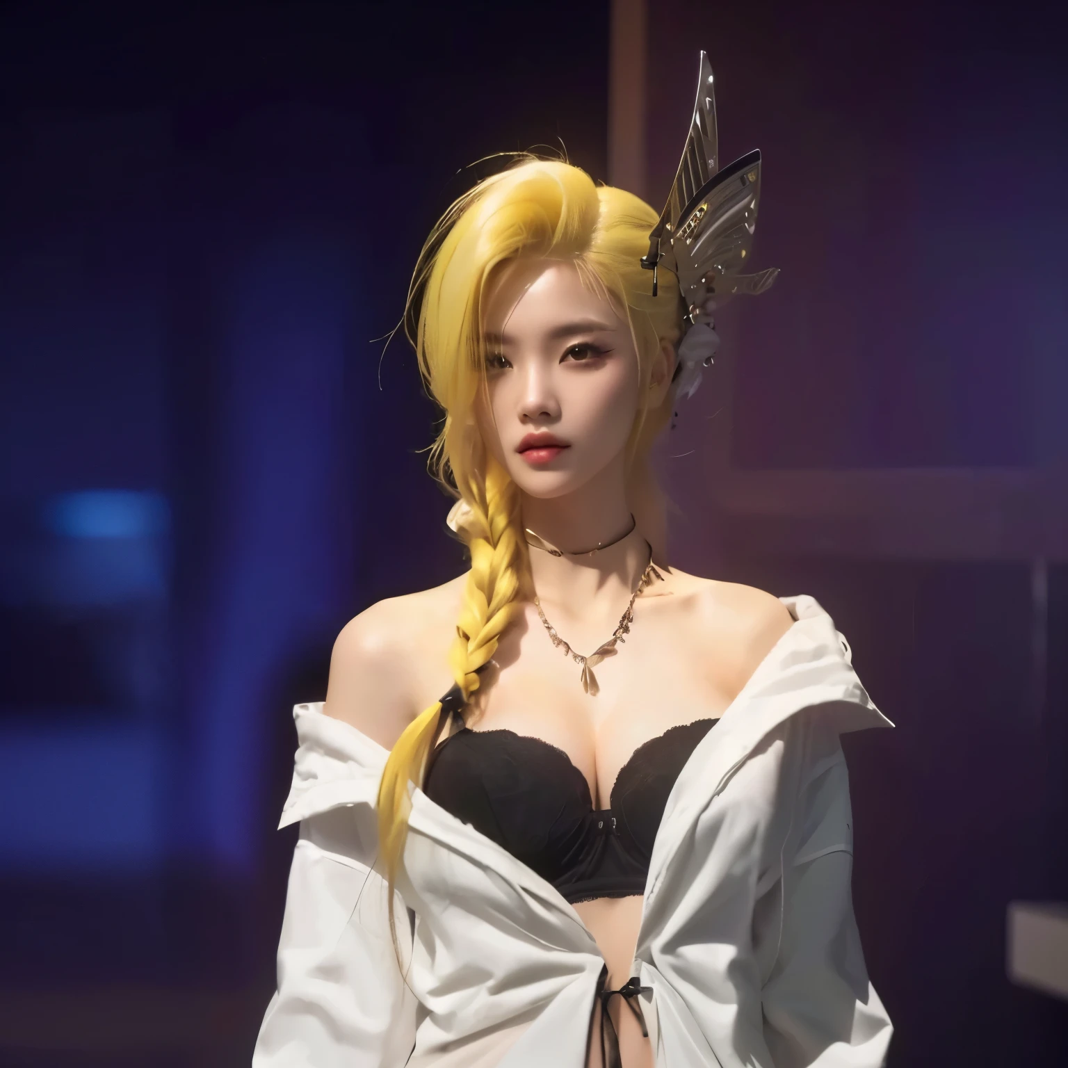 1 girl, yellow hair, long hair, black bra, very sexy outfit, ultra detail, 70 mm lens, 8k, beautiful, cute, sexy, fair skin