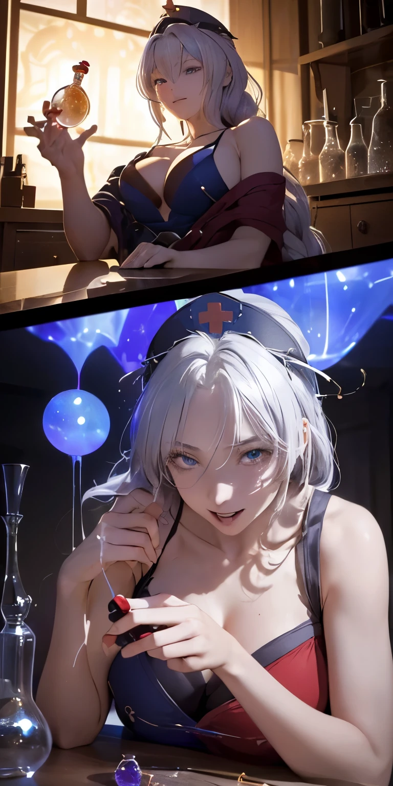(masterpiece, best quality:1.3), (from below:1.3), Yagokoro Eirin, Touhou Series, perfect face, expressive eyes, 1woman, looking at viewer, 38 years old, gorgeous body, big breast, beautiful, anime, lora,1woman, silver hair, braid hair, nurse cap, red and blue clothes, long skirt, (evil look, looks down on viewer:1.5), (cinematic lighting, realistic, dream-like, enchanting atmosphere:1.3), (photo of a woman in her dark and mysterious environment:1.3), (the woman surrounded by an aura of mystery and intrigue:1.3), (a dark and mysterious laboratory decorated with many flasks, each filled with colorful liquids:2.0), (a table before Eirin decorated with flask, spread out in mysterious shapes:2.0), (she is full of joy in making new discoveries:1.5), (a crystal ball nearby, adding to the mystical setting:1.3), (a hint of incense in the air, adding to the sensory experience:1.3),