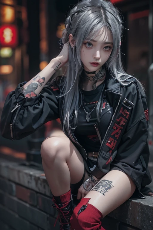 top-quality、8K、​masterpiece：1.3、Gothic punk、Red inner color、A grey dark-haired、hair adornments、a beauty girl、creative、punk shirt、Neogos、Goth Fashion：1.2、high resolution、​masterpiece、top-quality、headw:1.3、((Hasselblad photo))、Fine-grained skin、Sharp Focus、(lighting like a movie)、walking Tokyo night under the neon the back, forehead open, 、Brush your hair back、Shoulder Bare、Red tattoo on the décolletage