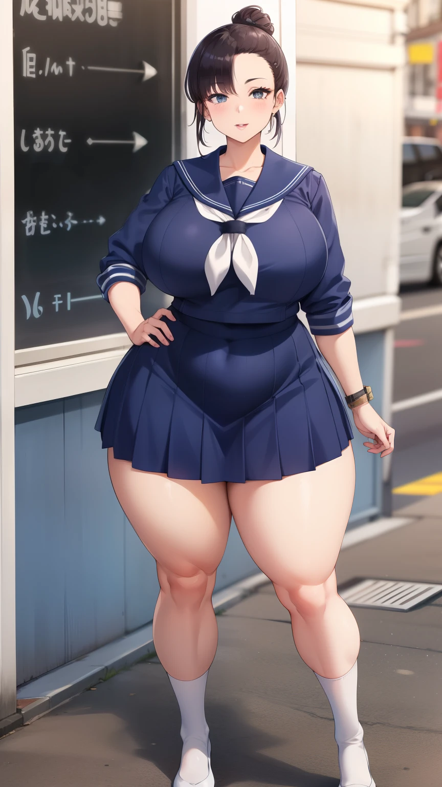 Large Breasts, Big Hips,Full Body Shot, Mature mother, Whipping the lower body, plump thighs, Ample calves, Seductive mature woman, Perfect body, Plus Size Model,high school girl,Sailor suit, The skirt is short,Mature woman wearing Sailor suit,