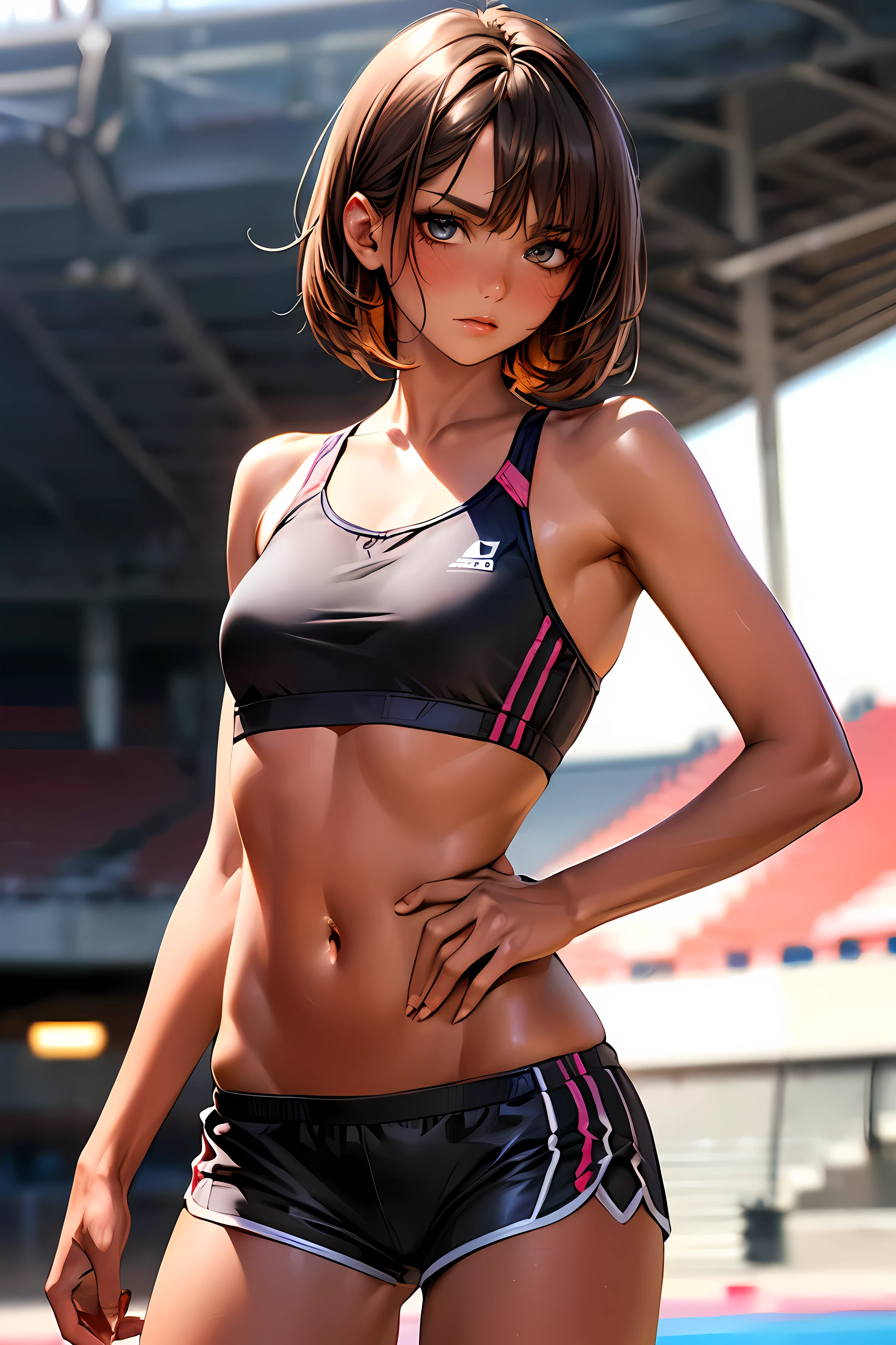((perfect anatomy:1.2,realistic:1.5,RAW Photography:1.5,masterpiece、highest quality、Ultra - High resolution、High resolution、Highly detailed CG、8K)),cowboy shot,1 female,solo、18 year old beauty,Japanese,((beautiful detailed face and eyes:1.3,gorgeous eyes:1.3,black eyes)),brown hair,short bob hair,straight hair,bangs,blush,((medium breasts,slender body,small head:1.3,skinny)),(brown skin:1.5),(gleaming skin,oily skin,shiny skin),(Black sports bra、Black sports shorts、navel),standing,Athletics Stadium、