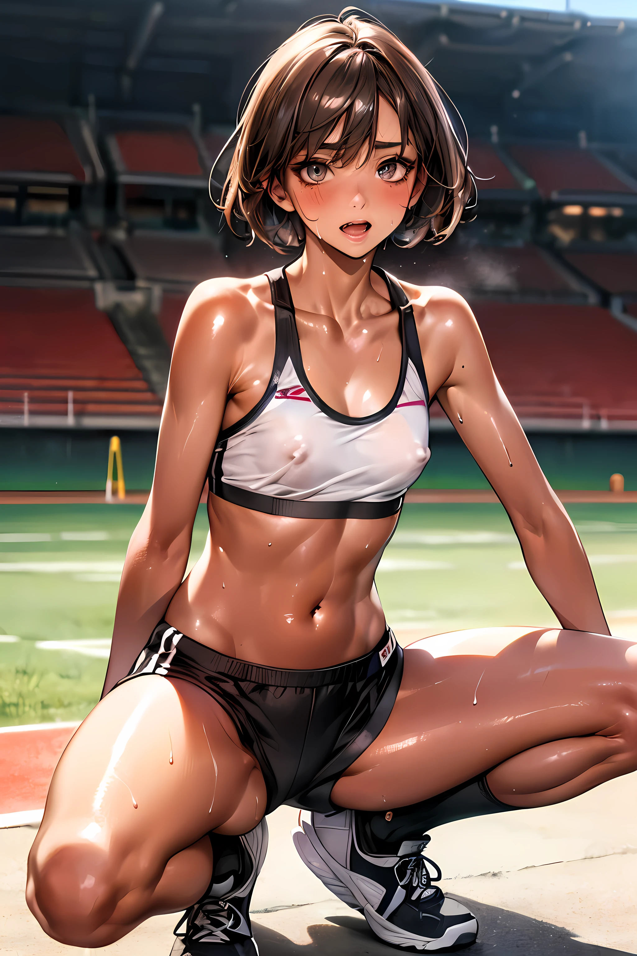 ((perfect anatomy:1.2,realistic:1.5,RAW Photography:1.5,masterpiece、highest quality、Ultra - High resolution、High resolution、Highly detailed CG、8K)),cowboy shot,1 female,solo、18 year old beauty,Japanese,((beautiful detailed face and eyes:1.3,big gorgeous eyes:1.5,black eyes)),brown hair,short bob hair,straight hair,bangs,blush,shy:1.5,Heavy breathing、open mouth,((medium breasts,slender body,small head:1.3,skinny)),(brown skin:1.5),(gleaming skin,oily skin,shiny skin,sweat:1.6),((Black sports bra、Black running shorts、Stuffy crotch:1.5,navel,clavicle、black sports socks、Black sneakers),Protruding nipples、squatting,spread legs:1.5,Athletics Stadium、