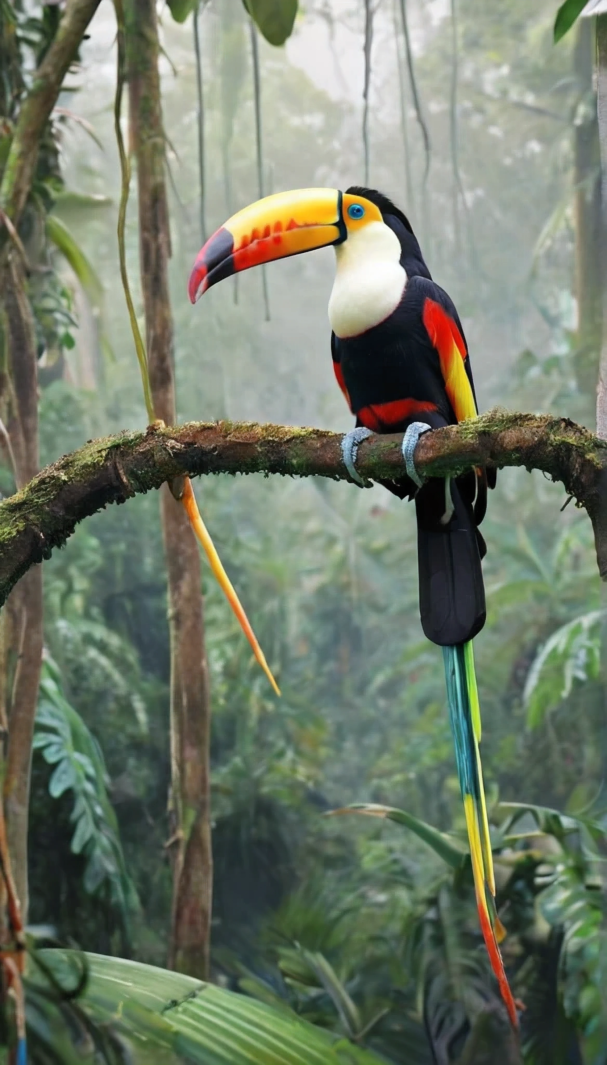 A picture of a colorful bird perched on a branch in the forest, Rare bird in the jungle, toucans, beautiful picture of a tall person, Tropical birds, Long colorful bird, Multicolored birds, Surreal Bird, 6 toucans beaks, a Surreal Bird, Beautiful Nature, Detailed painting 4k, Beautiful paintings, Big beak
