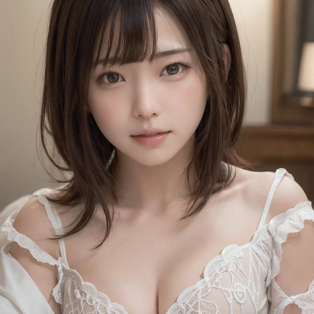 best quality ,masterpiece,ultra high res,(photo realistic:1.4), 1 girl,1 girl, one woman, looking at viewer, Wearing oversized off-shoulder knit over lingerie, japanese famous actress, very beautiful,cute, Cinematic, 35mm lens, f/ 1. 8, accent lighting, 8k, face close-up