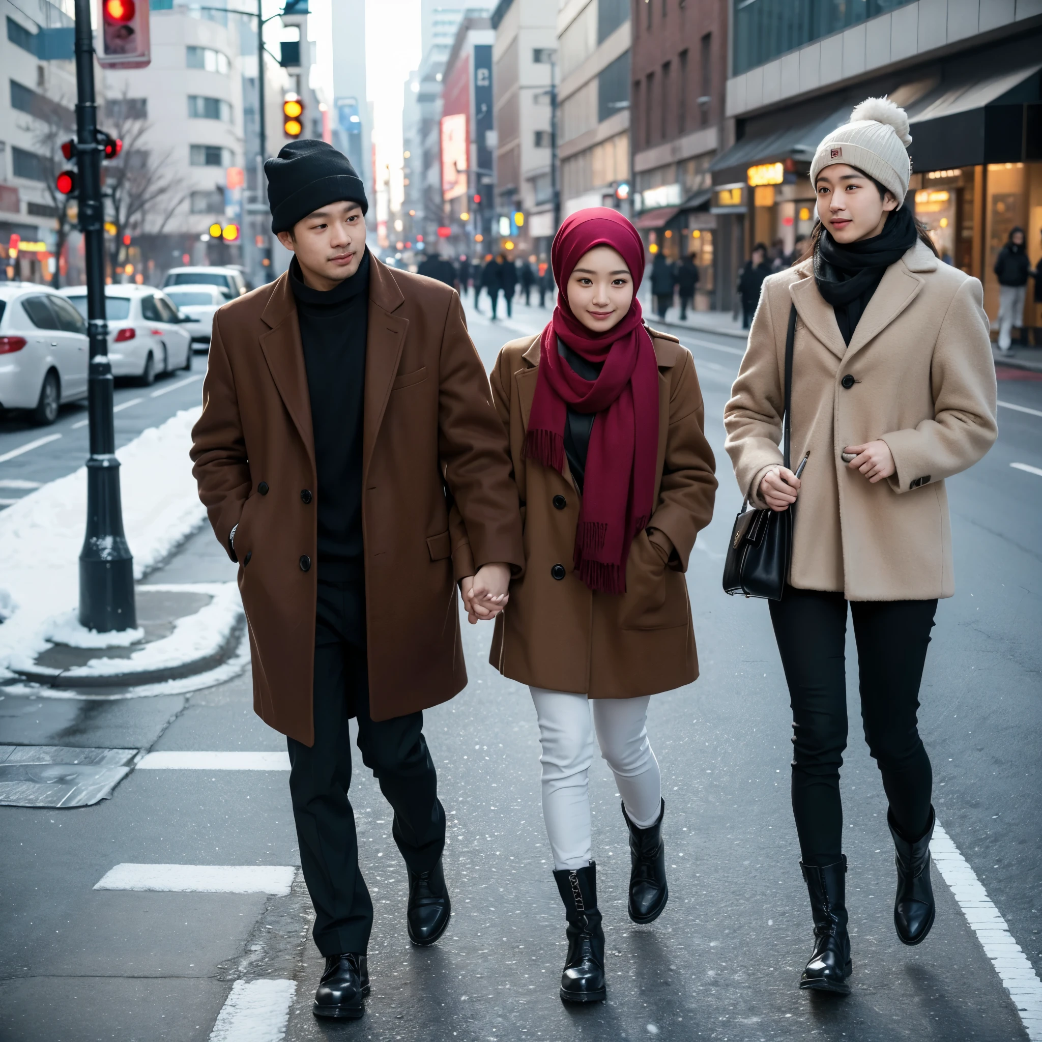 On the street, two person, a couple, a asian man and a woman, Photos from the neck down, a date, TOKYOcty, Winter, kou, Winter clothing, hijab, wearing boots