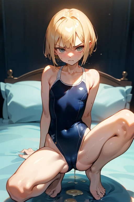 18 year old Russian, high school student、Blonde short bob, short hair, small size of breasts, Flat Chest、Slim body, squatting position, Spread your legs, Spread your legs, Only one girl, On the bed、One piece swimsuit、Navy blue school swimsuit、Front of body、looking at the camera、Glaring、Shame、Angry crying、Are crying、Flowing Tears、barefoot、Camel Toe、Pee、Yellow water from the genitaluscular body