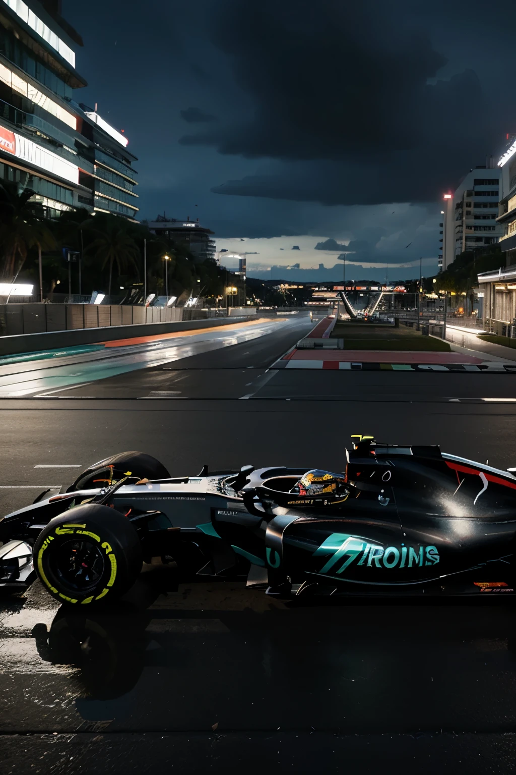 create a realistic, futuristic Formula 1 racing car, at speed, side view entering a turn, in cyberpunk style, in AMG MERCEDES PETRONAS style, with number 77, clear detailing of parts, background track in Monaco, twilight, rain