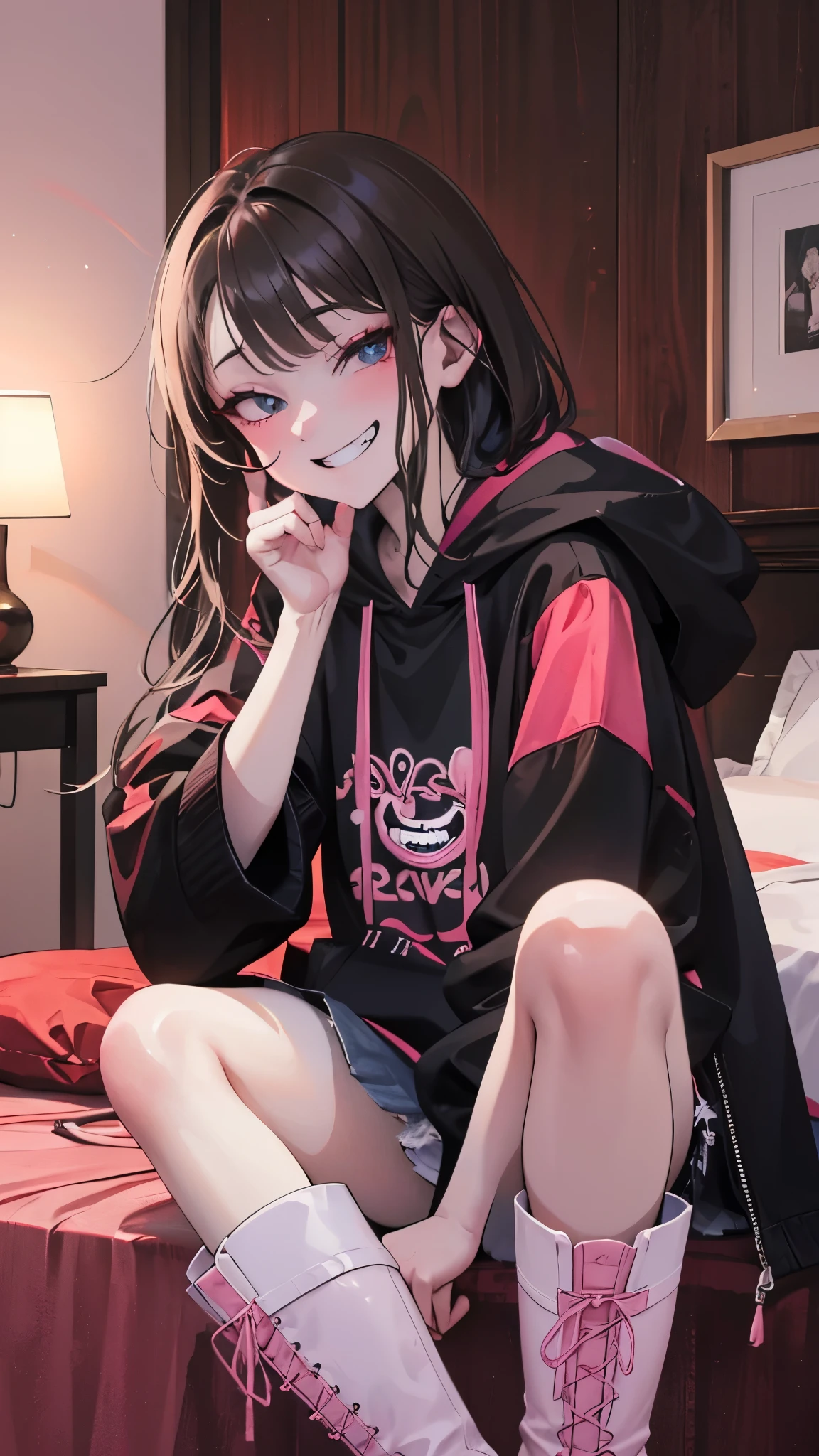 ultra-detailed , best quality, high resolution, master piece ,beautiful eyes, cute、((((evil grin))))、lovehotel、(pink room),Sitting、
black and White hoodie、Red and black hoodie、White hoodie、((black platform boots))、perfect finger、(((boots focus))),
Brown Hair、Black Hair、Black Hairロング、black eye,