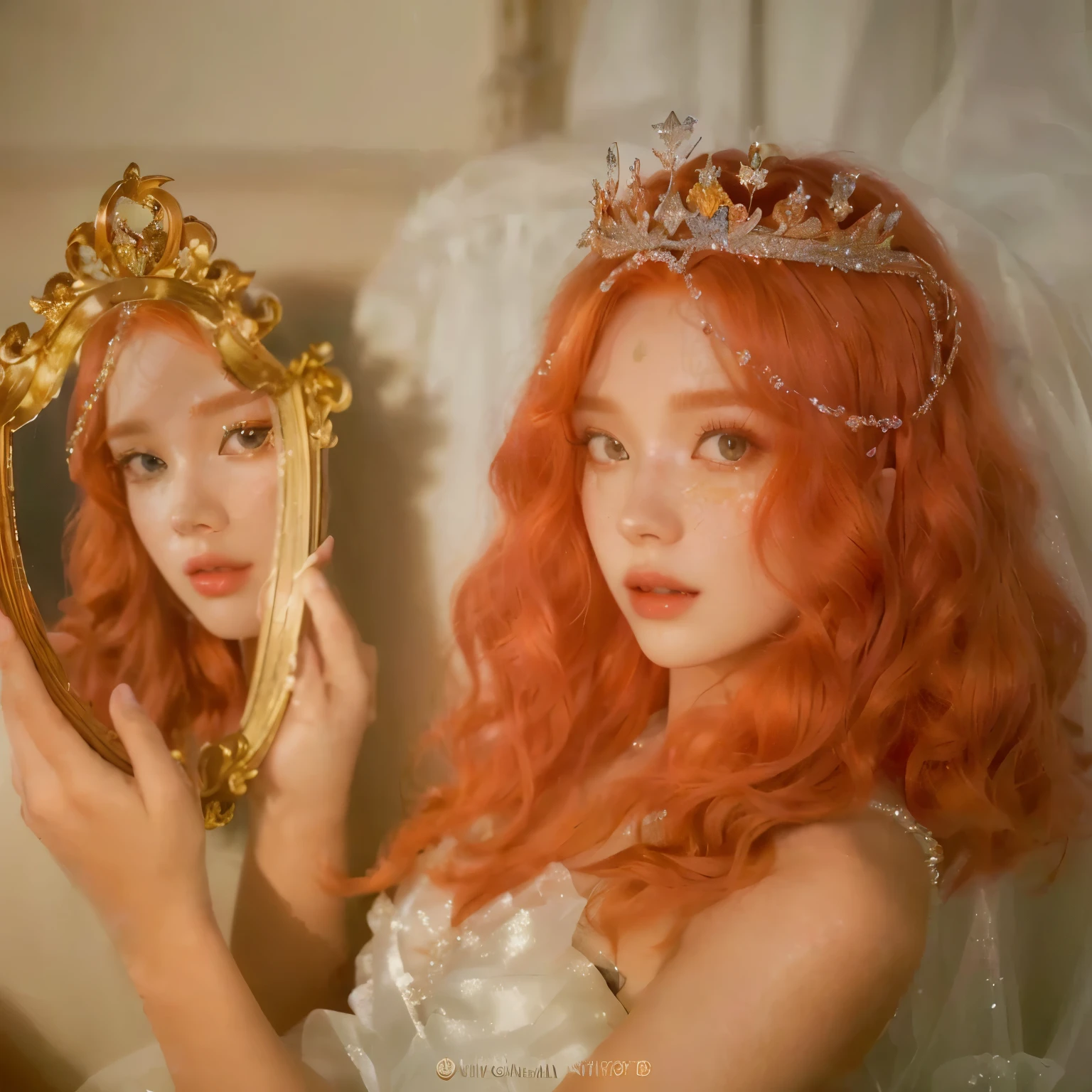 there is a woman with red hair and a tiable holding a mirror, ulzzang, ultra realistic fantasy tiara, fairycore, with crown, real photoshoot queen of oceans, she has long redorange hair, wearing tiara, floating crown, with curly red hair, red haired goddess, jossi of blackpink, ellie bamber fairy, curly copper colored hair