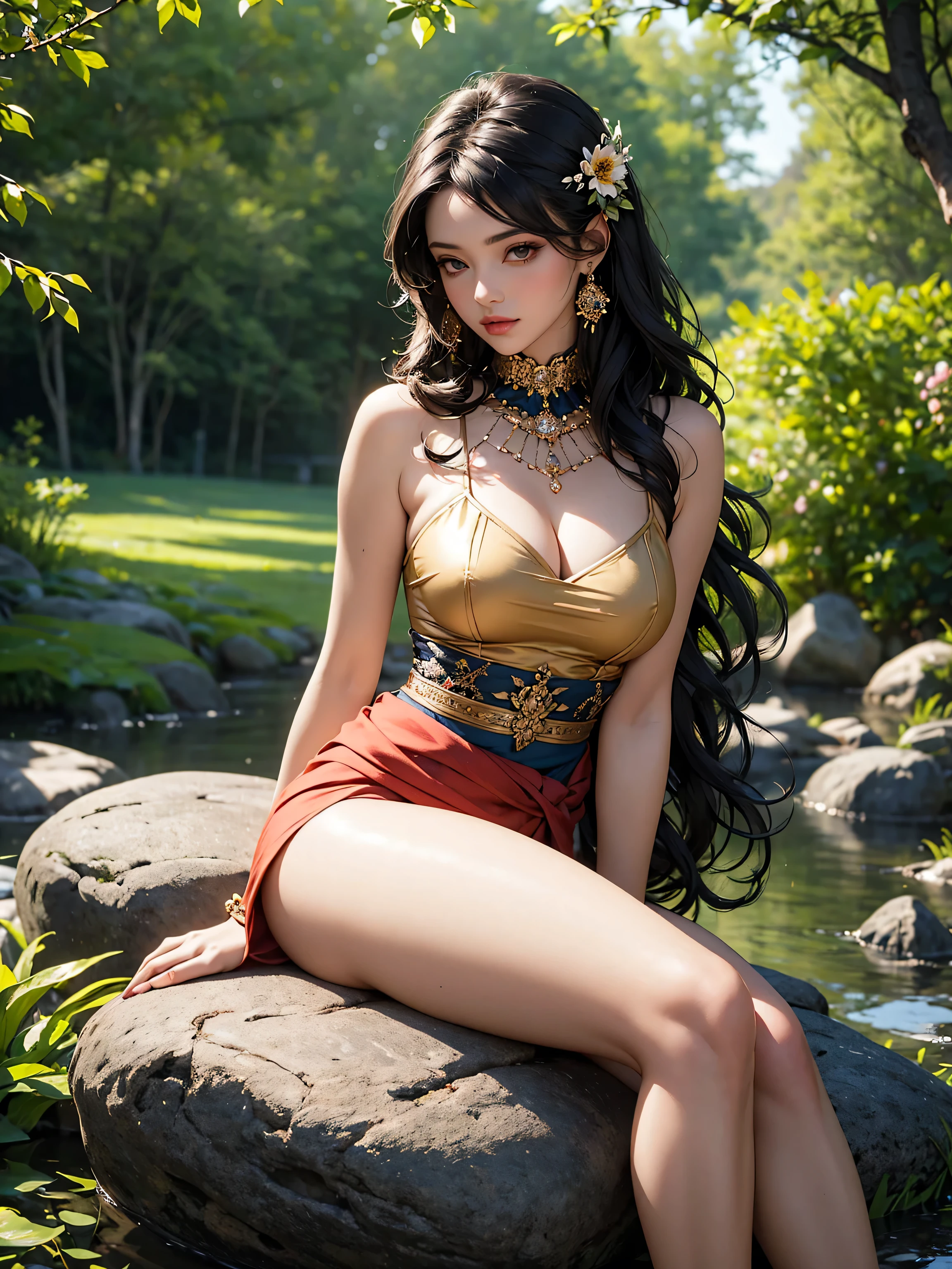 Beautiful girl, black wavy hair, wearing indian traditional dress, sitting on rock on a garden , beautiful flowers and tress in background, 8k, ultrarealistic, high details, high texture, waist, leg, thighs, jewelry on waist, seductive, sexy look