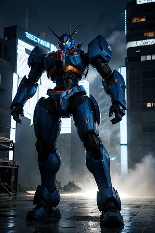 un mecha gigante de color azul tecnologico
