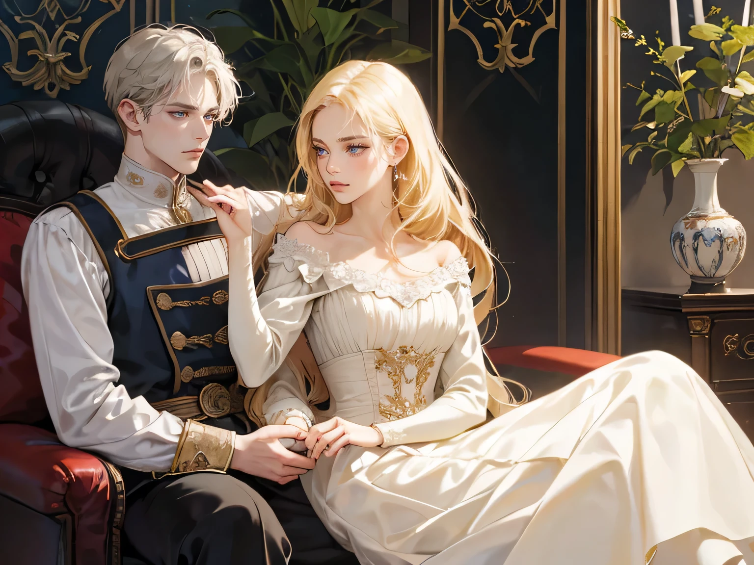 masterpiece, best quality, realistic, (absurd, high resolution, overly detailed),((best quality)), ((masterpiece)), (detailed), perfect face, There are two figures, a man and a woman. {The man is a very handsome man silver hair and green eyes. and short hair. He is so handsome that his face is called a masterpiece. He is a handsome man with a cynical, story-looking face. The man is wearing black uniforms. {The woman has blonde hair and waves that bend like waves. Purple eyes sparkle like jewels, and she is beautiful. The woman is so beautiful.} {The man and woman are in the most splendid place in the castle} {There are jewels and several medieval ornaments around.}{The woman and the man are wearing medieval clothes} The woman and the man look at each other but hate each other very much. This is because the two of them are bitter rivals. It is an animé painting.} {Expression clearly expressed} {They're arm in arm}, {Men and women are looking straight ahead} {Men and women make annoyed faces}, Men despise women, The woman looks elsewhere. The woman is wearing a Rococo-era dress, {woman hair long hair, My hair is wavy up to my waist}, {A woman pouts her lips and makes a pained expression}{Man looks straight ahead}