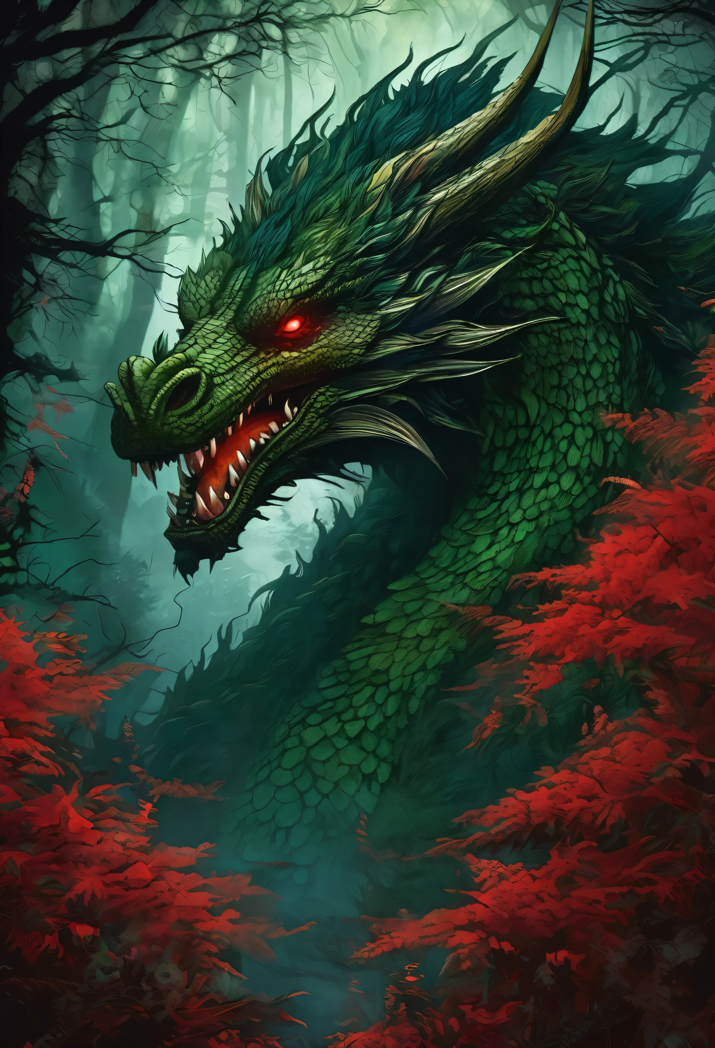 facing to the viewer, Mystical giant looks like a giant dragon dracarys (((gentle creature made of mist))), insane huge size, intricate patterns of red in its dark green fur, in a dark scary highly detailed forest, surrounded by birds. Night forest scene,