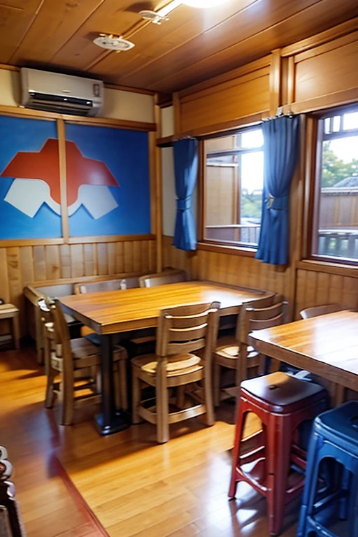 Interior of a Japanese type restaurant, de paredes, blancas, toques de madera, y cuadros de anime, idols japonesas, and video game photographs, con mesas de manera y manteles de patrones de cuadros color azul. Bar reception, ventanas grandes que entre el sol