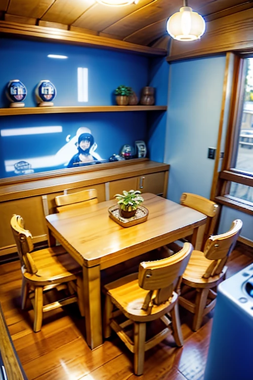 Interior of a Japanese type restaurant, de paredes, blancas, toques de madera, y cuadros de anime, idols japonesas, and video game photographs, con mesas de manera y manteles de patrones de cuadros color azul. Bar reception, ventanas grandes que entre el sol