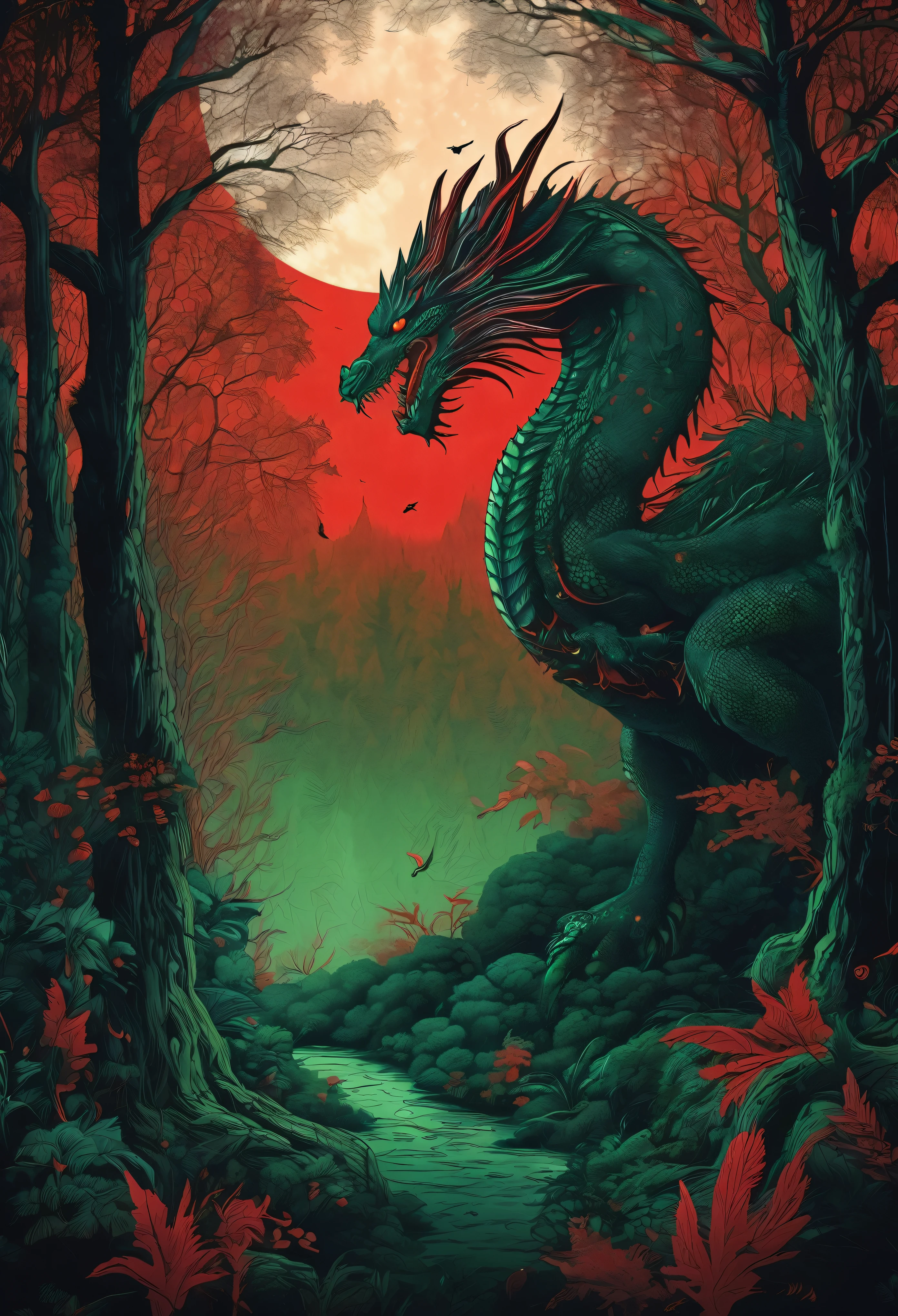 facing to the viewer, Mystical giant looks like a giant dragon dracarys (((gentle creature made of mist))), insane huge size, intricate patterns of red in its dark green fur, in a dark scary highly detailed forest, surrounded by birds. Night forest scene,