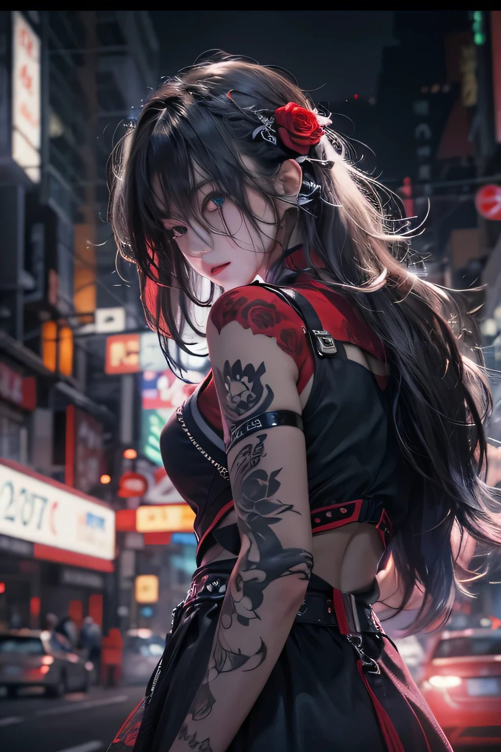 top-quality、8K、masterpiece:1.3、Gothic punk、Red inner color、A grey dark-haired、hair adornments、a beauty girl、creative、punk shirt、Neogos、Goth Fashion:1.2、high resolution、masterpiece、top-quality、headw:1.3、((Hasselblad photo))、Fine-grained skin、Sharp Focus、(lighting like a movie)、walking Tokyo night under the neon the back, forehead open, 19 years old、Brush your hair back、Shoulder Bare、1 small Red rose tattoo in the décolletage